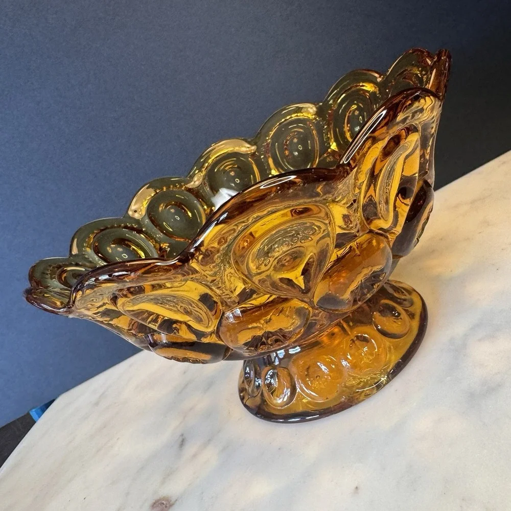 LE Smith Amber Glass Moon & Stars Pedestal / Bowl ~ Brass Arch Holder Stand